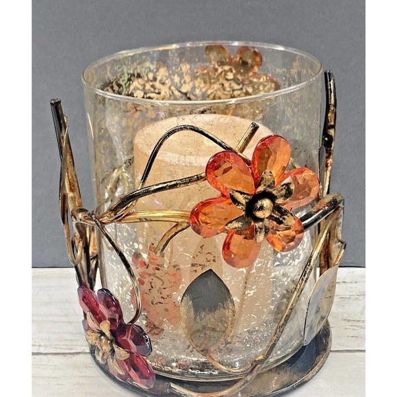 Vintage Gilded Metal Crystal Flowers Floral Design 3 Pc Pillar Candle Holder - Picture 1 of 11